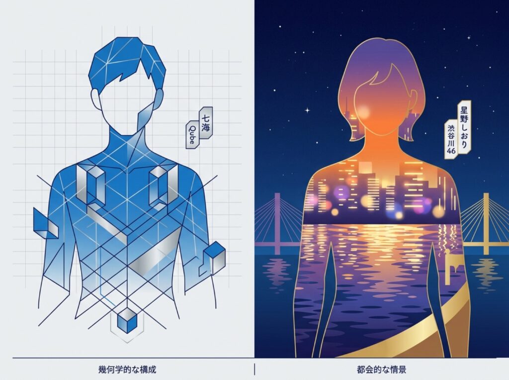 幾何学的なイメージのQubeと川沿いの夜景をまとった渋谷川46、対照的な雰囲気を表す2分割イラスト