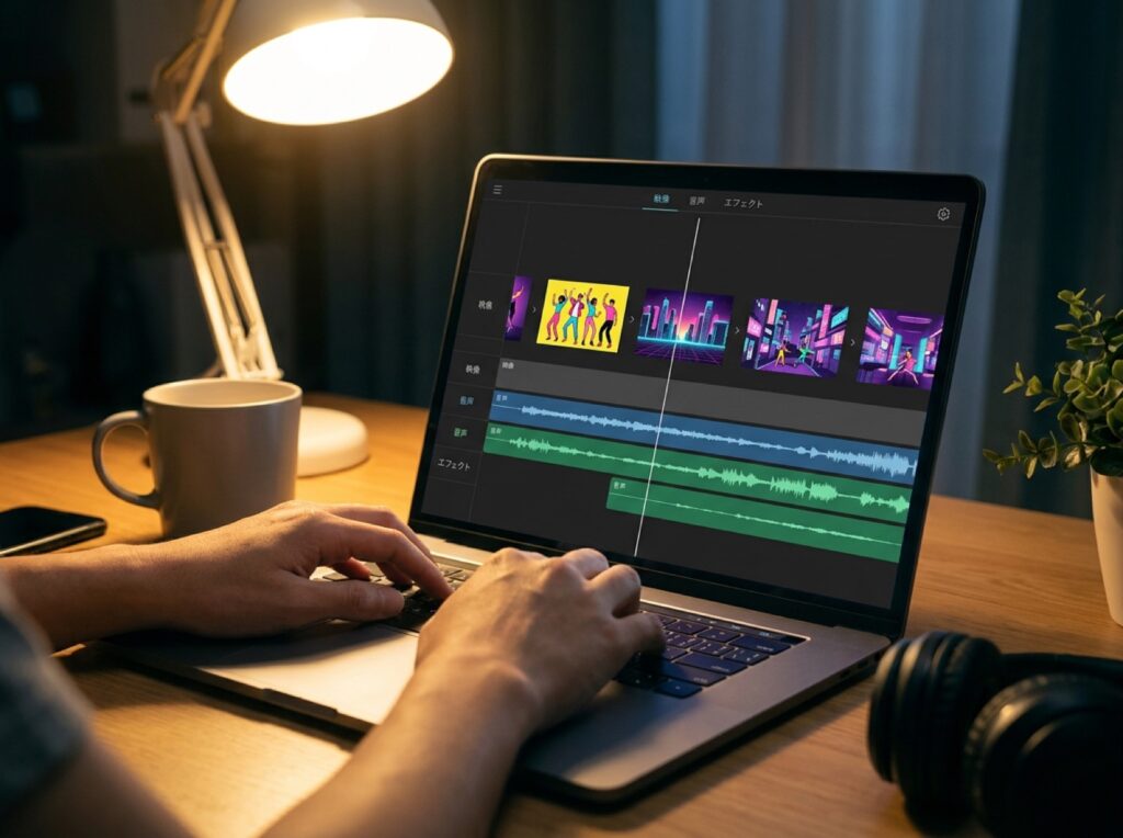 短い動画クリップの編集タイムラインを操作する手元のイメージ