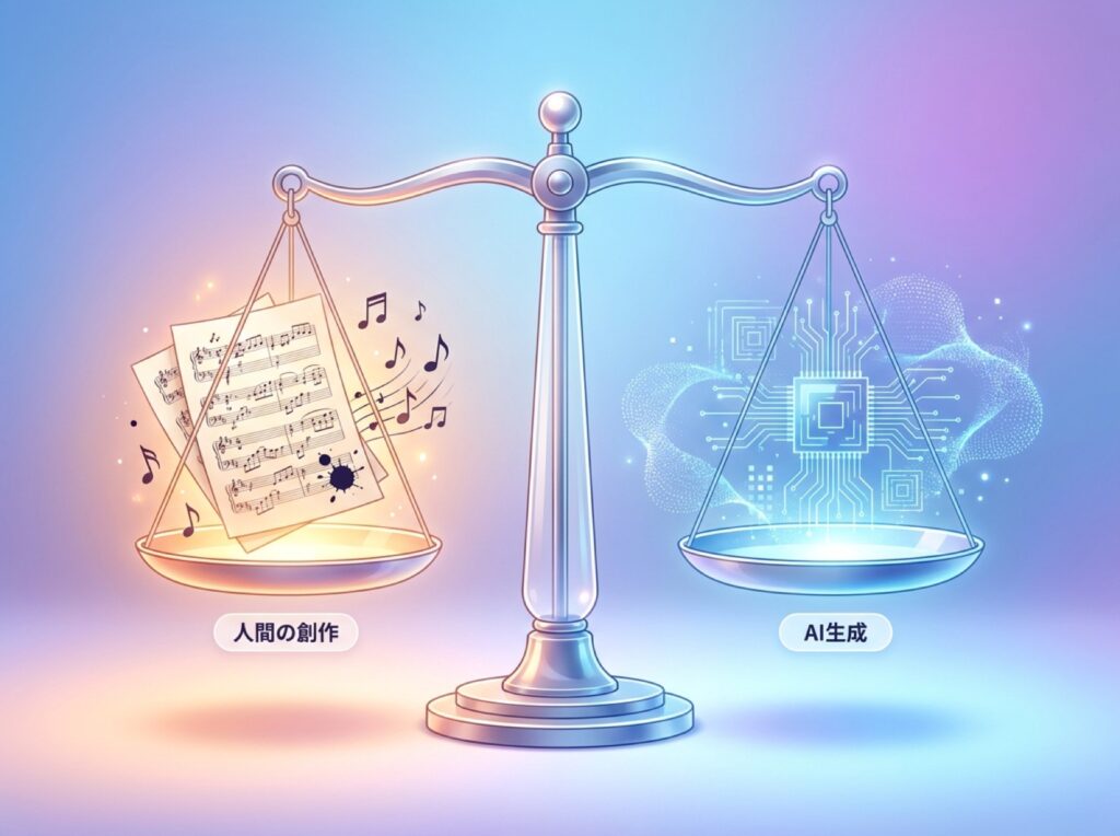楽譜の音符とデジタルなデータ模様が天秤に乗りバランスを取っている様子を表すイラスト