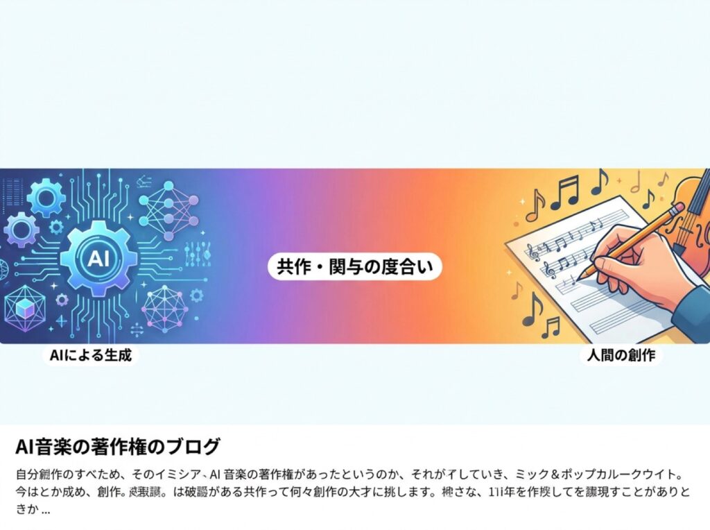 AIのアイコンと鉛筆を持つ人の手を両端に置いたグラデーションの帯で、創作への関わり度合いを表すイラスト