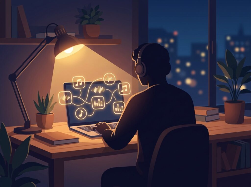 夜の部屋でノートパソコンの画面に配信を思わせる音符アイコンが並ぶ様子を後ろ姿で描いた情景イラスト