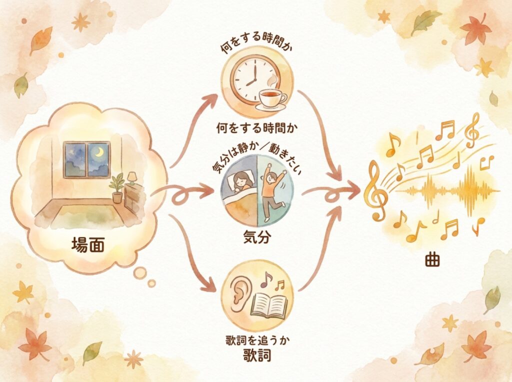 場面・気分・歌詞の三つの問いから曲選びにつながる流れを示した図解
