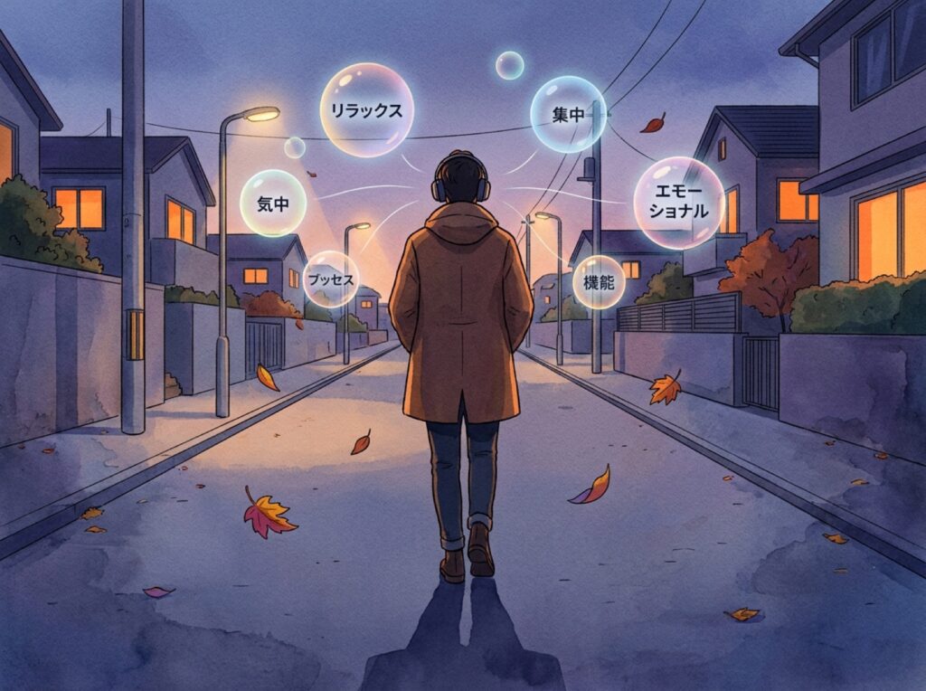 秋の夕暮れの住宅街を、イヤホンで音楽を聴きながら歩く人の後ろ姿
