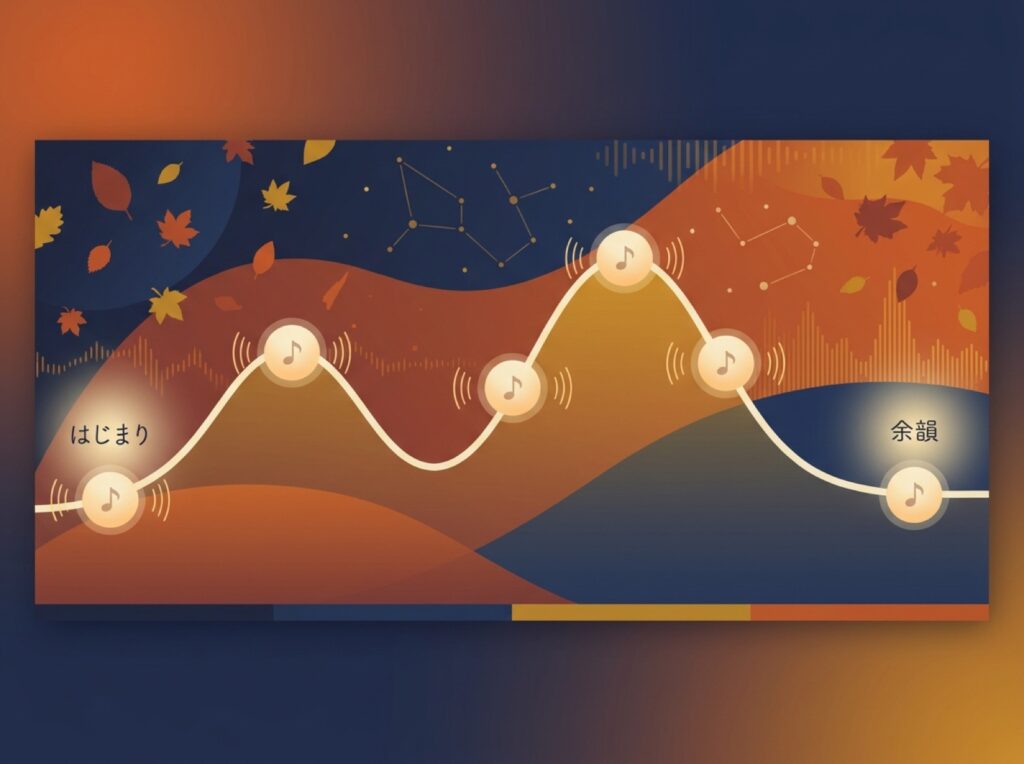 プレイリストの曲順を、静かな始まりから山と谷を経て余韻で終わる波として示した図解