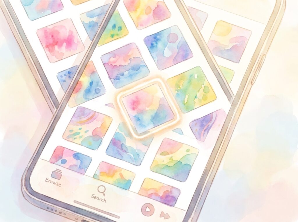 配信アプリに小さなジャケットが並び、その中の一枚だけが目に留まっている様子の絵