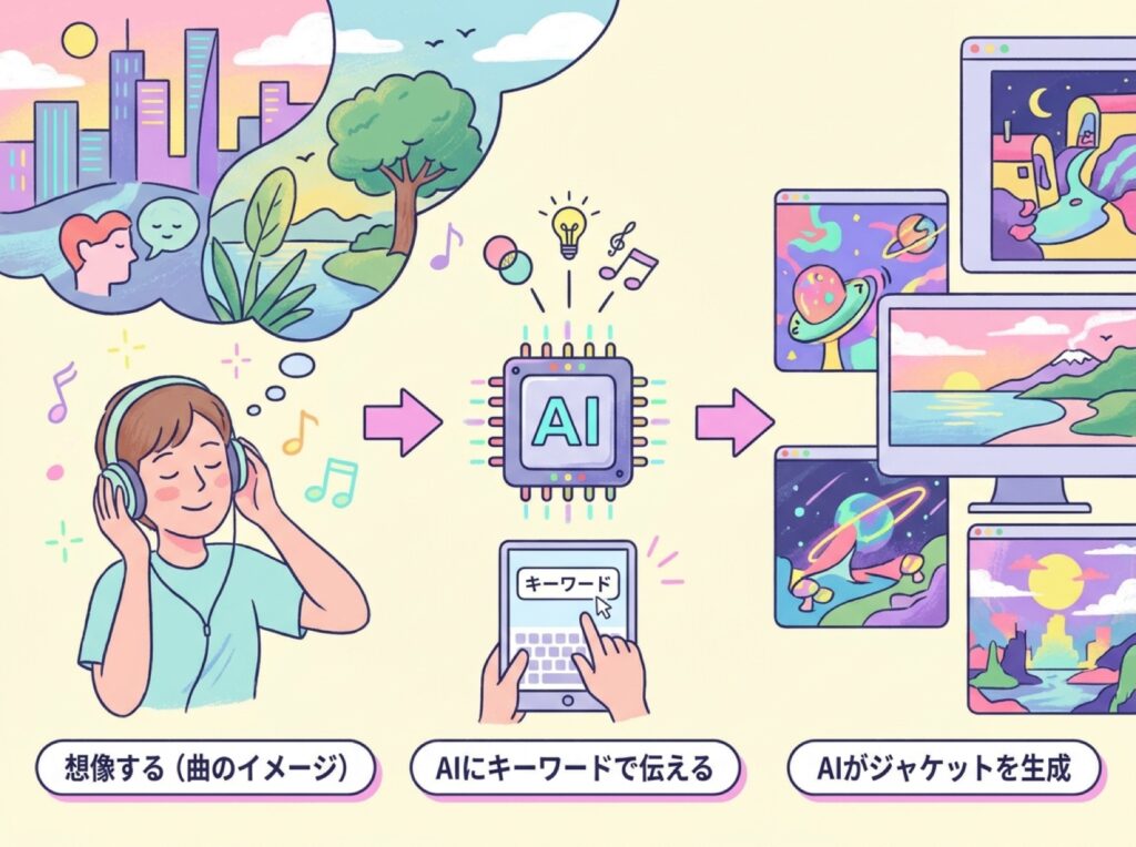曲のイメージからAIがジャケット画像を生成する流れを示す図