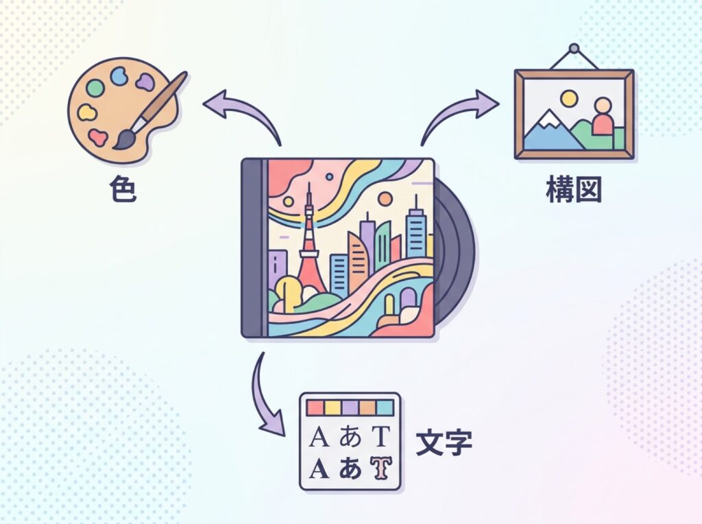 ジャケットを読む3つの視点(色・構図・文字)の関係を示す図