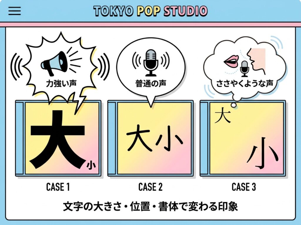 タイトル文字の大きさや位置の違いが声のトーンの印象を変えることを比較した図