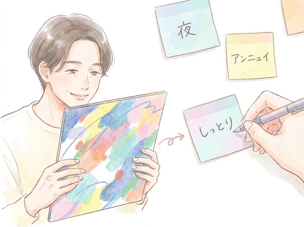 ジャケットを見て感じたことを付箋に一言メモする様子を表す図