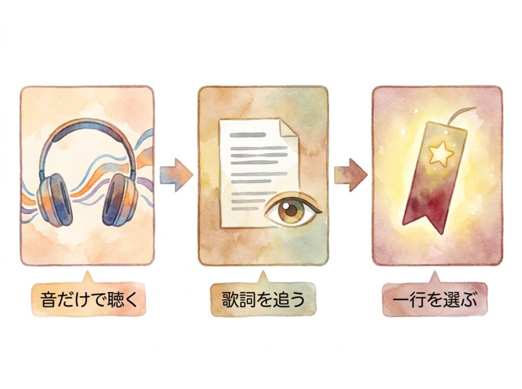 音だけで聴く、歌詞を追う、一つの言葉を選ぶという3つのステップの流れ