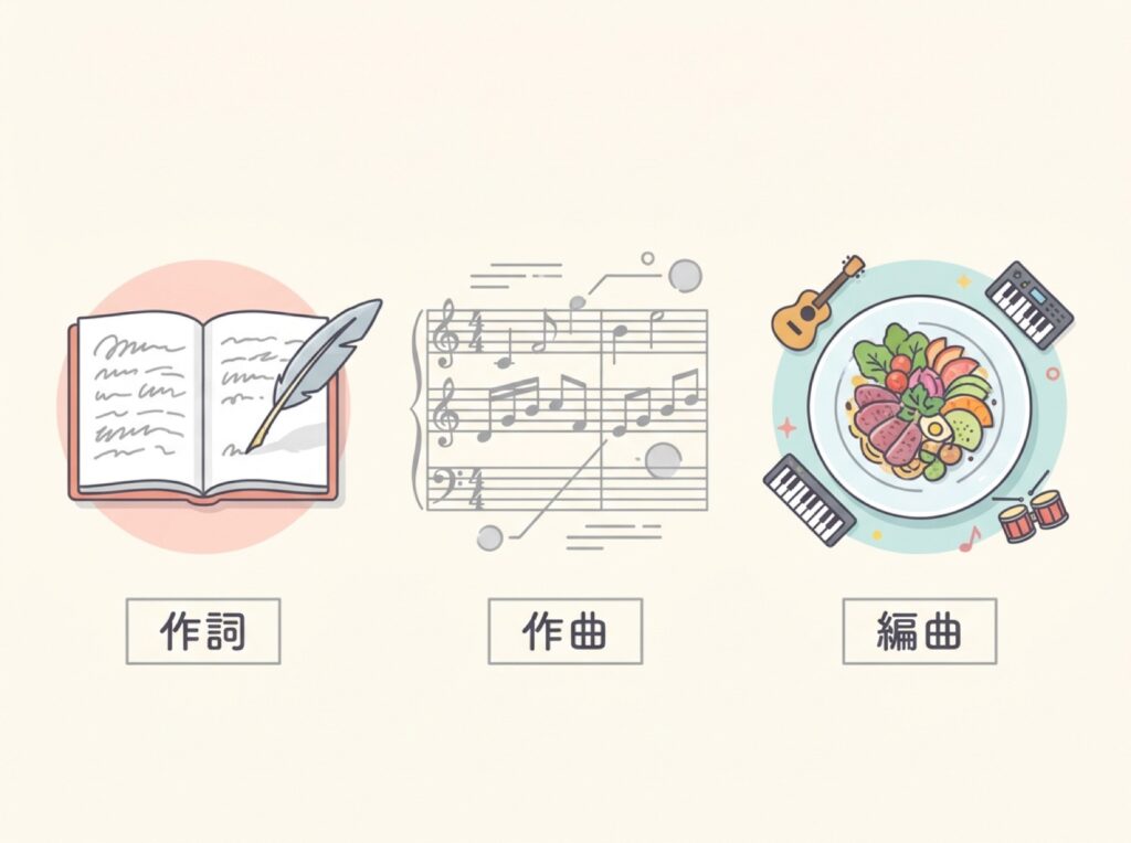 作詞・作曲・編曲の3つの役割を、ノート・骨組み・盛りつけで表した図解。