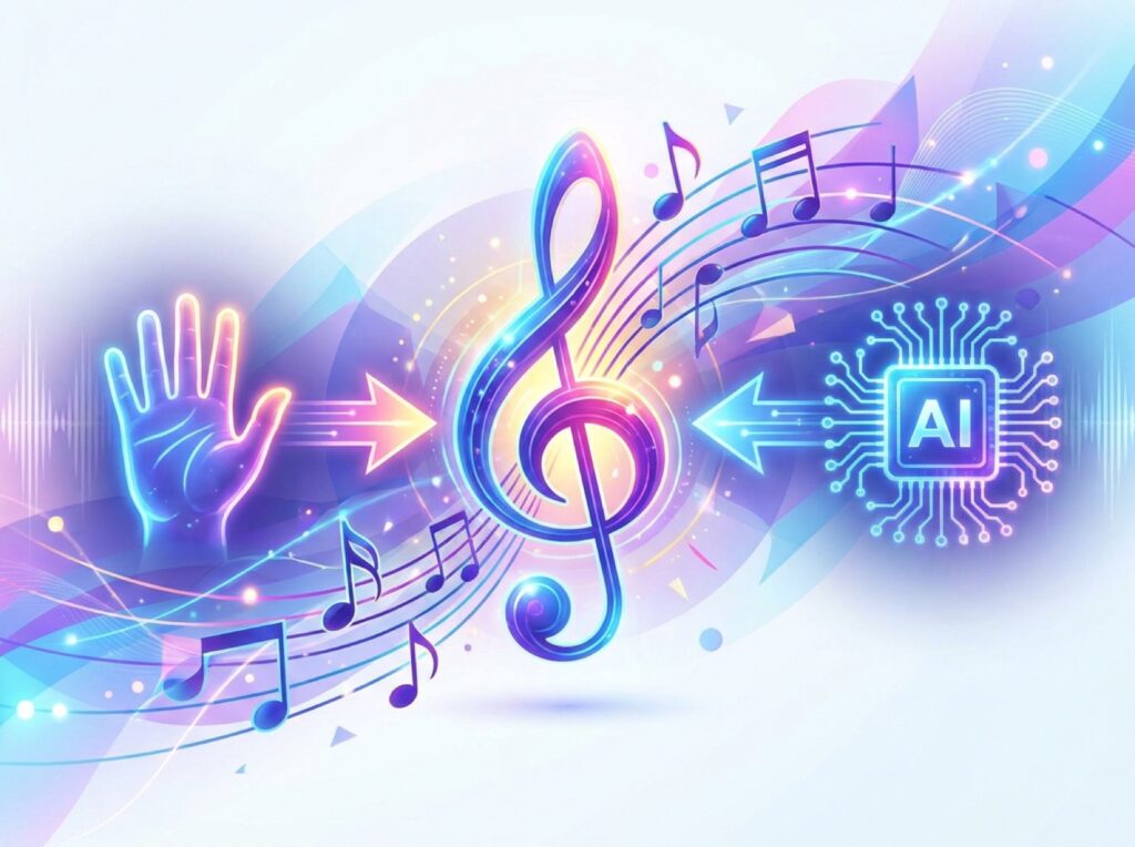 人の手とAIの力が重なり合って曲になる様子を表した図。